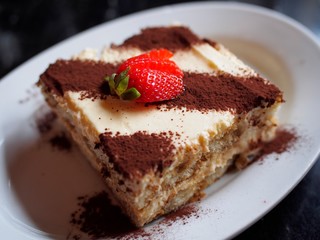 Delicious Tiramisu cake with fresh strawberry