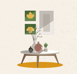 Illustration of an interior group. A table on legs with a clay vases, indoor plants and posters on the wall. Beige wall with rough texture. Flat cartoon style illustration.