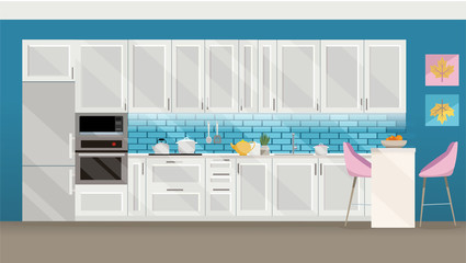 Flat illustration Kitchen set of white color on blue background with kitchen accessories: pots, kettle, fridge, oven, microwave.