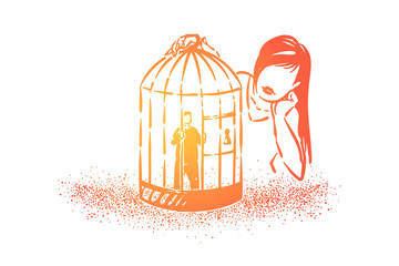 Love cage metaphor, girl looking at boyfriend tiny character imprisoned in birdcage