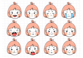 Kawaii girl with pink hair. Various face emotions. Cute funny character. Hand drawn vector set. Colored trendy illustration. Flat design. All elements are isolated