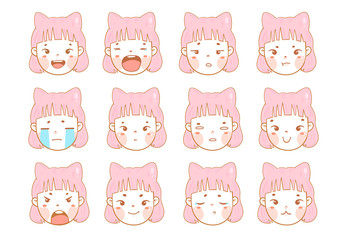 Kawaii girl with pink hair and cat ears. Various face emotions. Cute funny character. Hand drawn vector set. Colored trendy illustration. Flat design. All elements are isolated