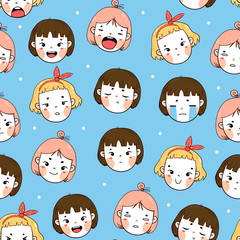 Three kawaii girls with various face emotions. Different cute funny characters with various haircuts. Hand drawn vector seamless pattern. Colored trendy illustration. Flat design. Blue background