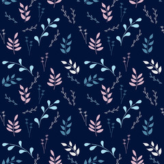Fototapeta premium Botanical seamless pattern on dark background. Twigs with leaves, different types of plants. Vector.
