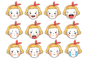 Kawaii girl with blonde yellow hair. Various face emotions. Cute funny character. Hand drawn vector set. Colored trendy illustration. Flat design. All elements are isolated