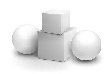 Blank objects composition mockup. White cube and sphere. Isolated objects on a white background. 3D rendering.