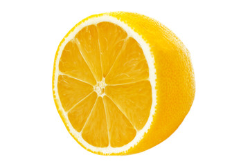 Ripe half of yellow lemon citrus fruit isolated on white background