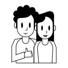 Young couple cartoon profile isolated in black and white