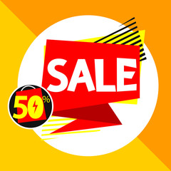 Sale 50% off, discount banner design template, offer tag, vector illustration