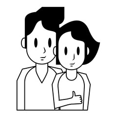 Young couple cartoon profile isolated in black and white