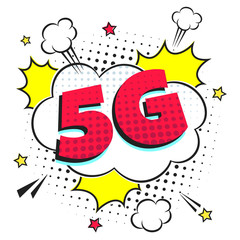 5G new wireless internet wifi connection comic style speech bubble exclamation text 5g flat style design vector illustration isolated on white background. New mobile internet 5g sign icon in balloon.
