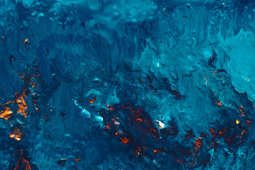 Abstract acrylic paint background. Blue color coat layer blend. Surface water art composition. Oil painting pattern technique.