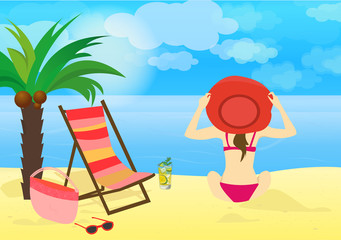 Obraz na płótnie Canvas Tropical landscape. Palm trees and tropical plants. Seascape. Beach chair on the beach.