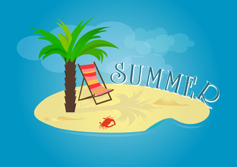 Summer time vector banner design with white circle for text and colorful beach elements in white background. Vector illustration.