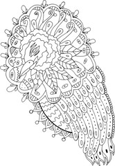Fantasy surreal bird. Coloring page for adults. Fantastic ink drawing. Vector illustration