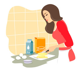 Beautiful girl will cook pastries.Cuts butter. Baking. Vector isolate on a white background.