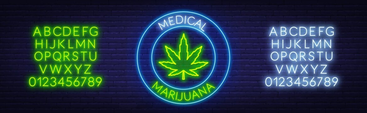 Medical Marijuana Neon Sign. Neon Alphabet On Brick Wall Background. Template For Design.