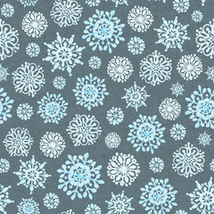Seamless pattern from stylized snowflakes. Handmade. Design of packaging, fabric and wallpaper.
