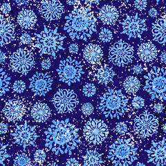 Seamless pattern from stylized snowflakes. Handmade. Design of packaging, fabric and wallpaper.