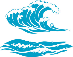 Blue Wave Surf Vector Illustration Set