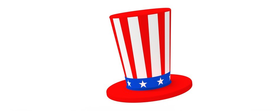 Render sombrero Americano tridimensional. ilustraci&oacute;n de gorro Am&eacute;rica con la bandera de Estados Unidos y las estrellas, fondo minimalista 4 de julio