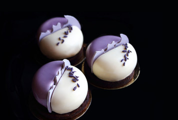 Purple and white round mousse lavender desserts with lavender petals on black background