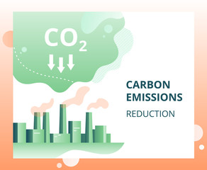 Carbon dioxide emissions reduction in the city. industrial landscape of the city with smoke co2 emissions from chimneys. Vector concept of ecology problem, generation and saving green energy