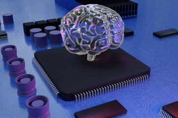 Fototapeta premium AI brain floating above computer chip processor CPU, depicting artificial intelligence machine learning. 3d illustration