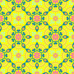Vector abstract floral seamless pattern, ornamental background, repeat geometric tiles, flower figures, curved lines, grid, lattice.
