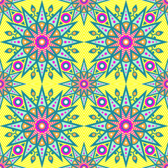 Fototapeta premium Vector abstract floral seamless pattern, ornamental background, repeat geometric tiles, flower figures, curved lines, grid, lattice.