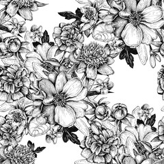 Illustration of graphic flowers and leaves. Handmade. Seamless pattern for wallpaper and fabric design. 