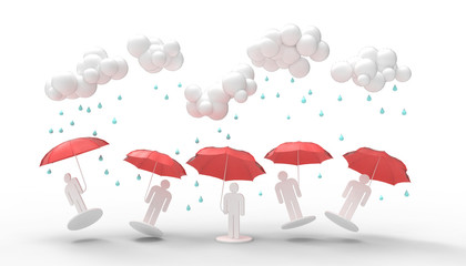 Rain clouds  Monochrome minimal and People Fun holding Red umbrellas concept Modern art on isolated and white background - 3d rendering