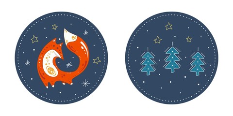 Naklejka premium Cute poster with a red fox and fir on the background of winter. Isolated flat illustration of animal in doodle style. With a design element of spruce and stars.