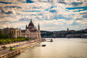 Fototapeta na wymiar Building of the hungarian parliament in a Budapest, capital of Hungary, by the Danube river. One of the landmark of Budapest, and popular tourist destination.