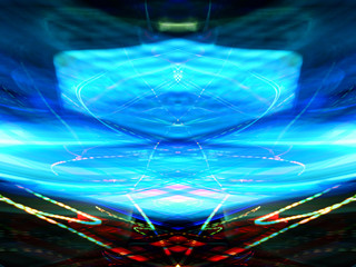 Symmetry and reflection. Light effects. Neon glow. Abstract blurred background. Colorful pattern. Texture.