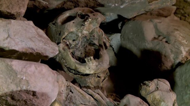 Extreme close-up portrait still shot of a mummy in agony in a restores cemetery of Altiplano, Uyuni, Bolivia