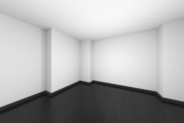 Empty white room with black wooden parquet floor