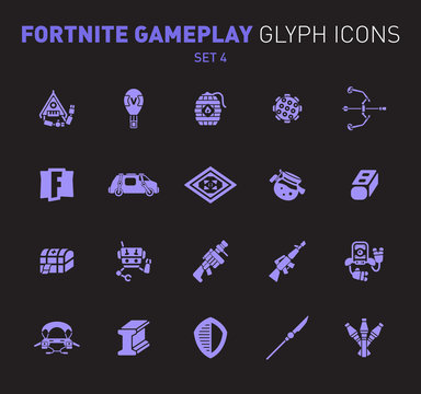 Popular epic game glyph icons. Vector illustration of military facilities. Grenade, machine gun, rifle, and other weapons. Solid flat design. Set 4 of violet icons isolated on black background