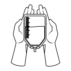 hand holding a blood donation bag black and white