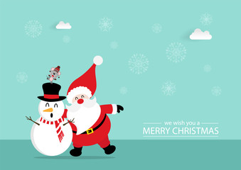 Merry Christmas and happy new year with cute Santa Claus,rat and snowman in green background. Holidays cartoon character vector.