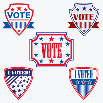 Voting badges featuring VOTE and I Voted text