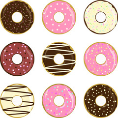 Fototapeta premium Set of cartoon colorful donuts isolated on white background. Collection into glaze for menu design, cafe decoration, delivery box. vector illustration in flat style.Vector illustration