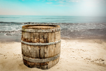 Barrel background on beach and summer landscape of sea 
