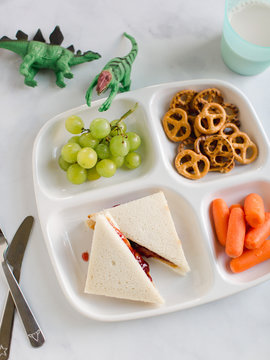 Plated kid's lunch for school with cute dinosaurs