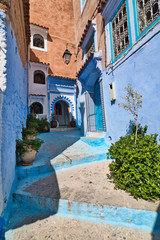 One of the traditional narrow streets of the tourist city of chaouen, in northern Morocco