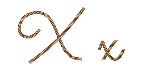 Rope hand drawn font, 3d realistic effect, capital uppercase and lowercase letters X. Vector illustration EPS 10