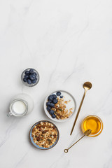 Copy space porridge with oat, milk, blueberries and honey on white background