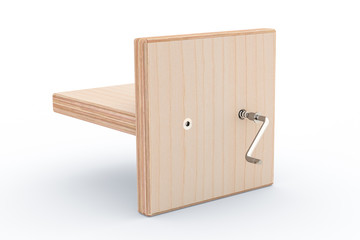 Furniture connection of two plywood parts with confirmat screws. Metal screws and wood parts isolated on white background. Close up. Hexagon Socket Screw Key SW4. Furniture hardware and fittings.