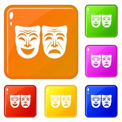 Happy and sad mask icons set collection vector 6 color isolated on white background