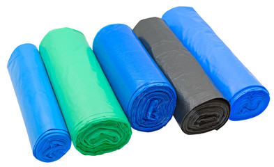 rolls of plastic packages for garbage on white